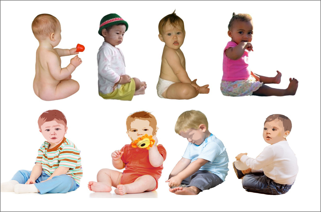 Two rows of babies representing proper posture, and compromised slumped posture. 